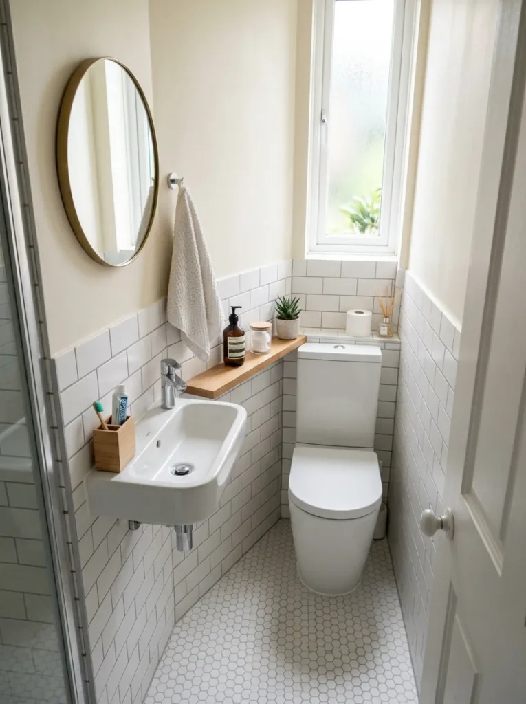 Tiny bathroom with a compact corner sink design that improves movement and saves valuable floor space