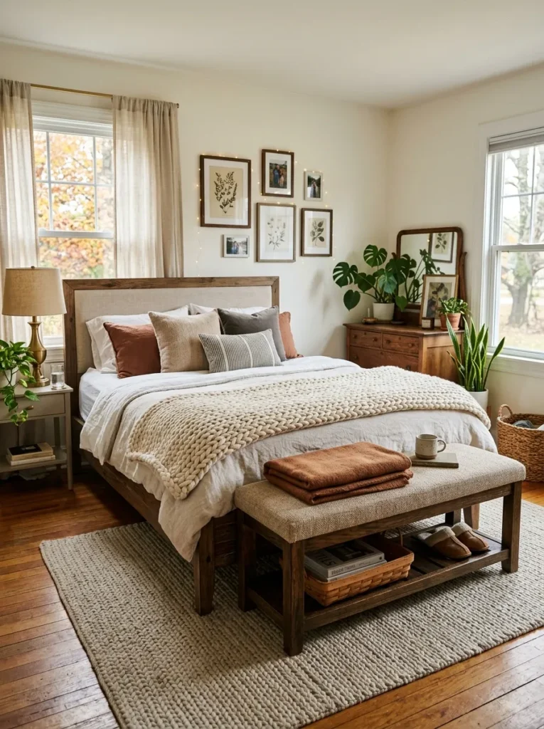 Cozy bedroom with an upholstered bench at the foot of the bed adding style and functionality