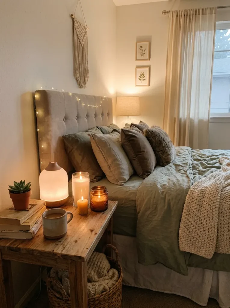 Cozy bedroom styled with candles and an essential oil diffuser creating a relaxing and inviting space