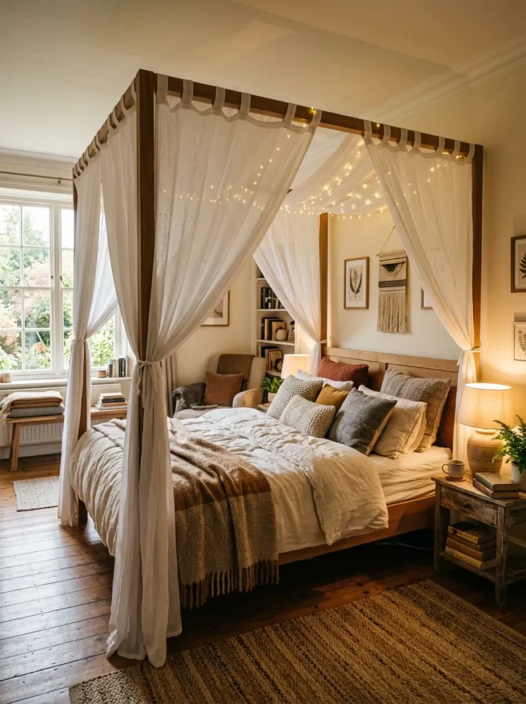 Dreamy cozy bedroom with a soft fabric canopy creating an intimate and relaxing atmosphere
