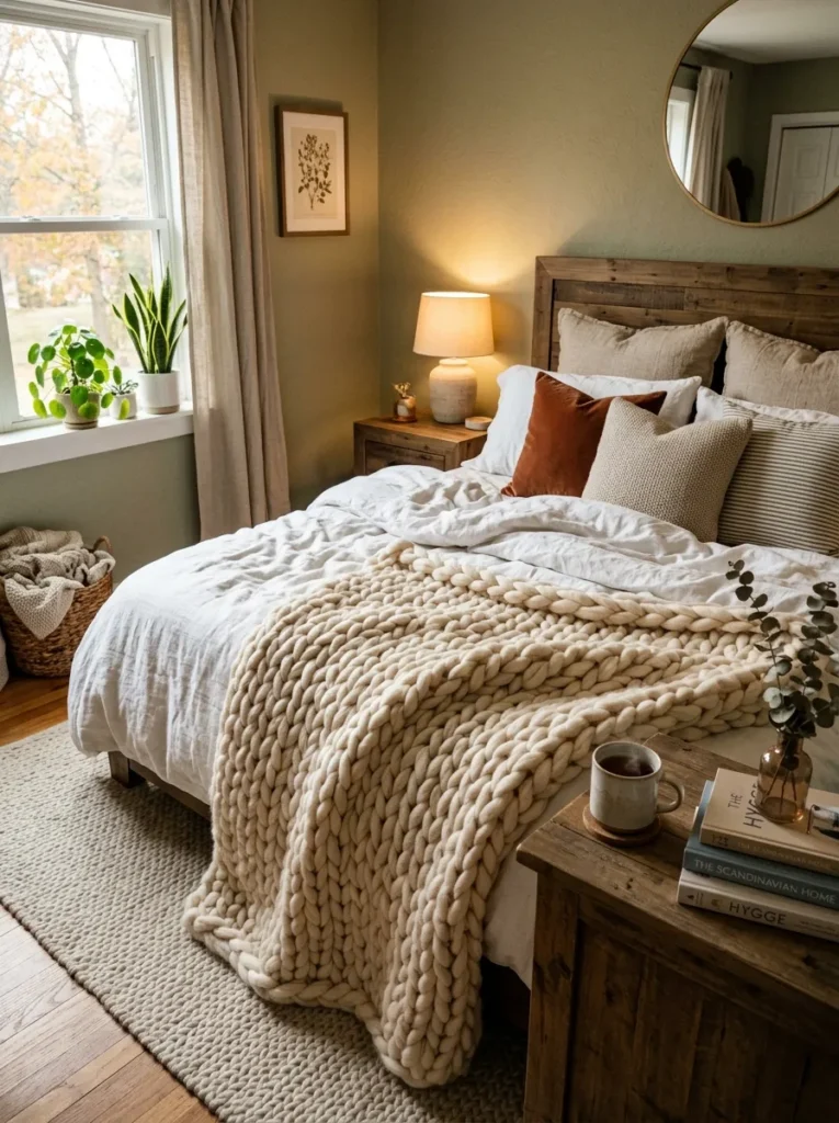 Bedroom decorated with a chunky knit blanket draped across the bed for added warmth and texture