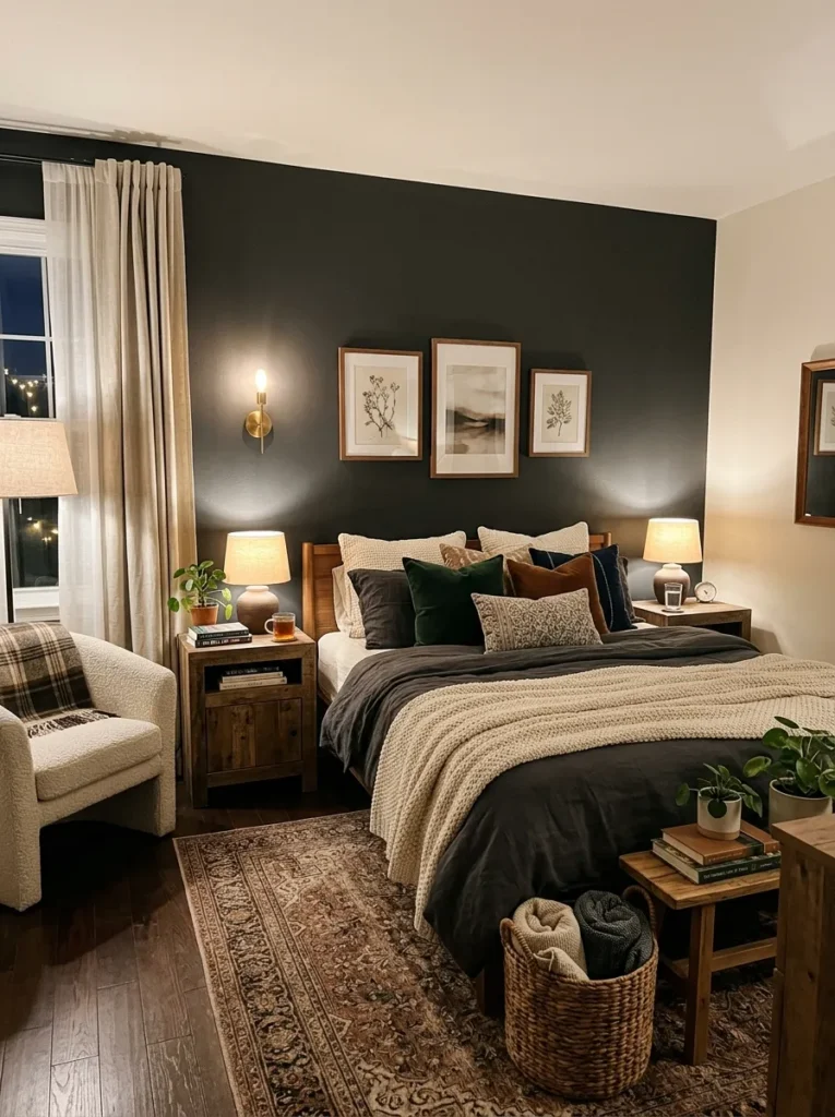 Bedroom featuring a dark accent wall behind the bed that creates a warm cocoon-like feeling