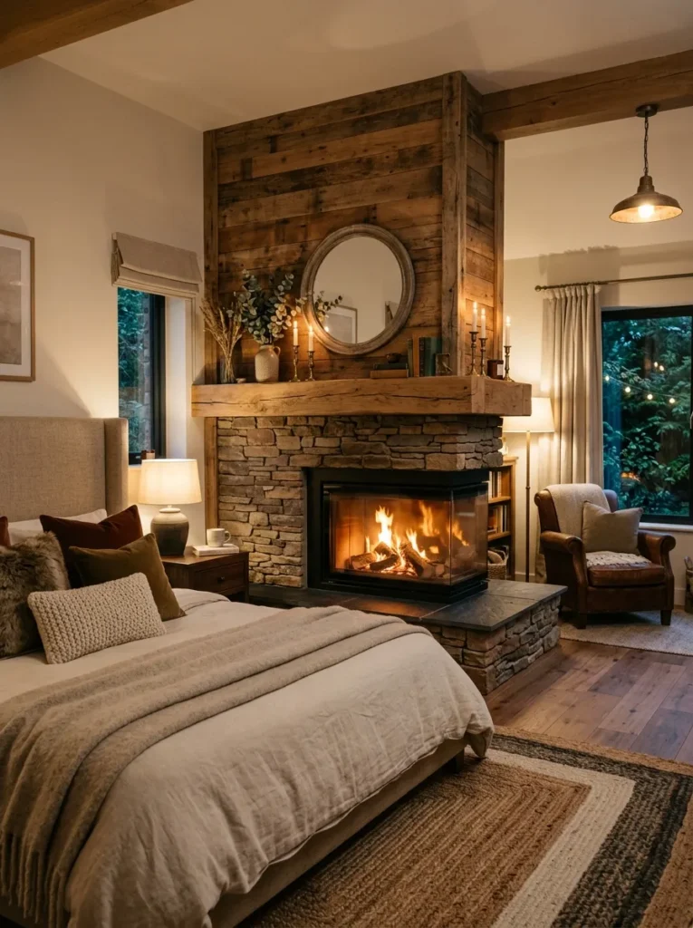 Cozy bedroom with an electric fireplace wall creating warmth and a luxurious focal point