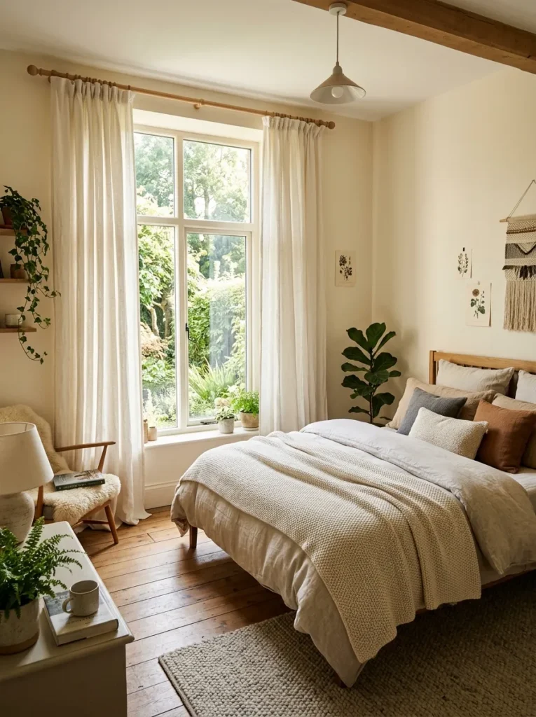 Cozy bedroom with floor-length curtains that soften the room and allow natural light to filter beautifully