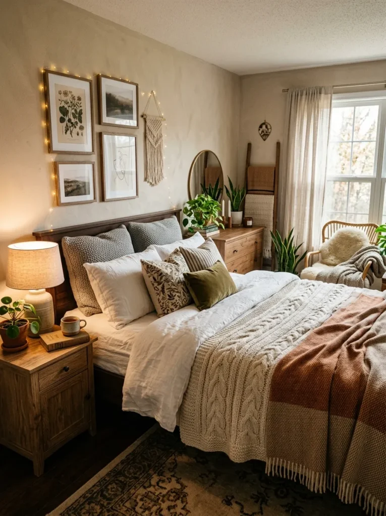 Cozy bedroom featuring layered linen bedding, knit blankets, and decorative pillows for a warm inviting atmosphere