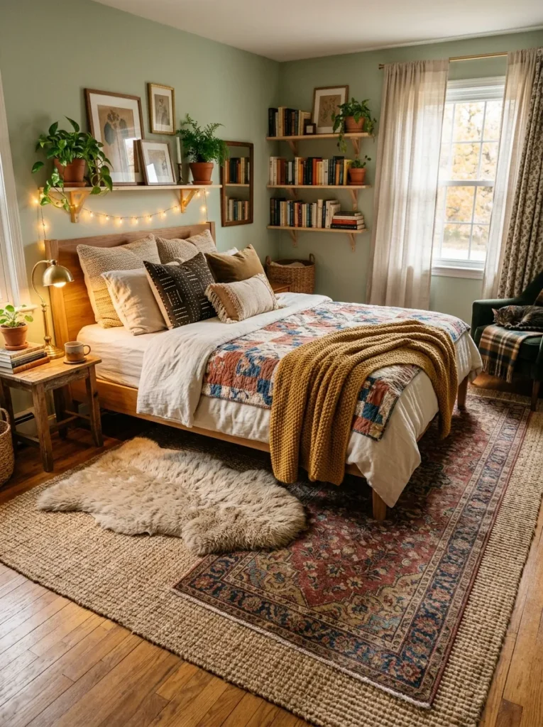 Cozy bedroom with layered rugs adding warmth, texture, and visual interest over hardwood flooring