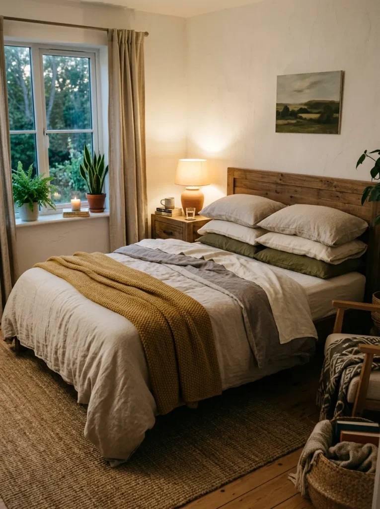 Bedroom styled with soft linen bedding in neutral tones for a relaxed and timeless cozy look