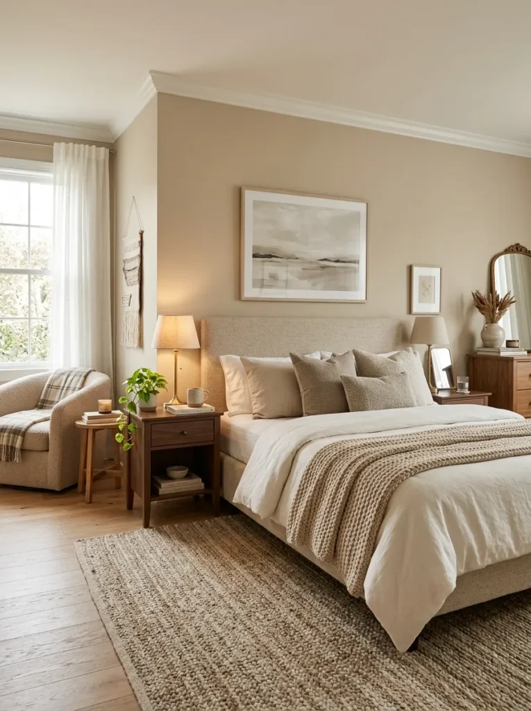 Cozy bedroom with warm beige walls and neutral paint colors that create a calm and restful space