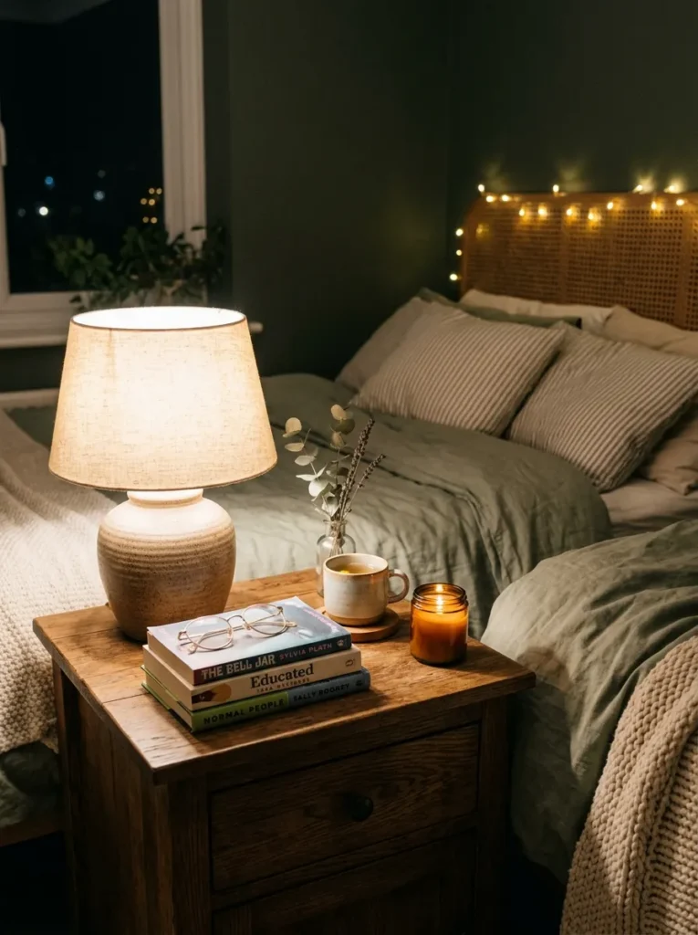 Thoughtfully styled bedroom nightstand with a lamp, books, candles, and decorative accessories