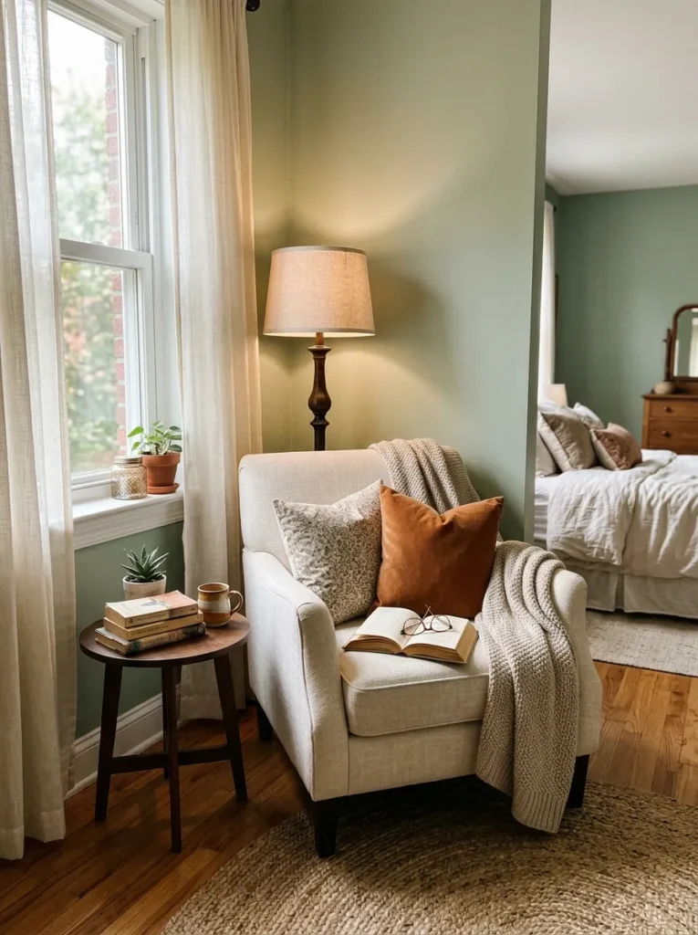 Relaxing bedroom reading nook with a comfortable chair, side table, lamp, and cozy throw blanket