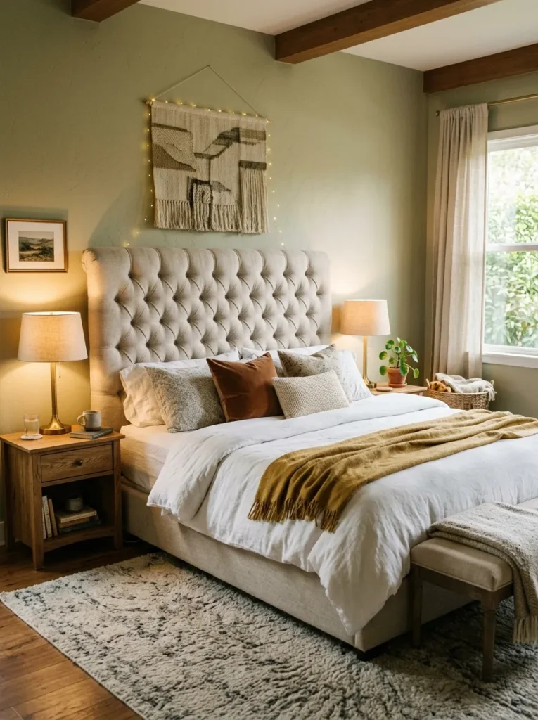 Bedroom with a soft upholstered headboard that adds warmth, comfort, and luxury to the sleeping area