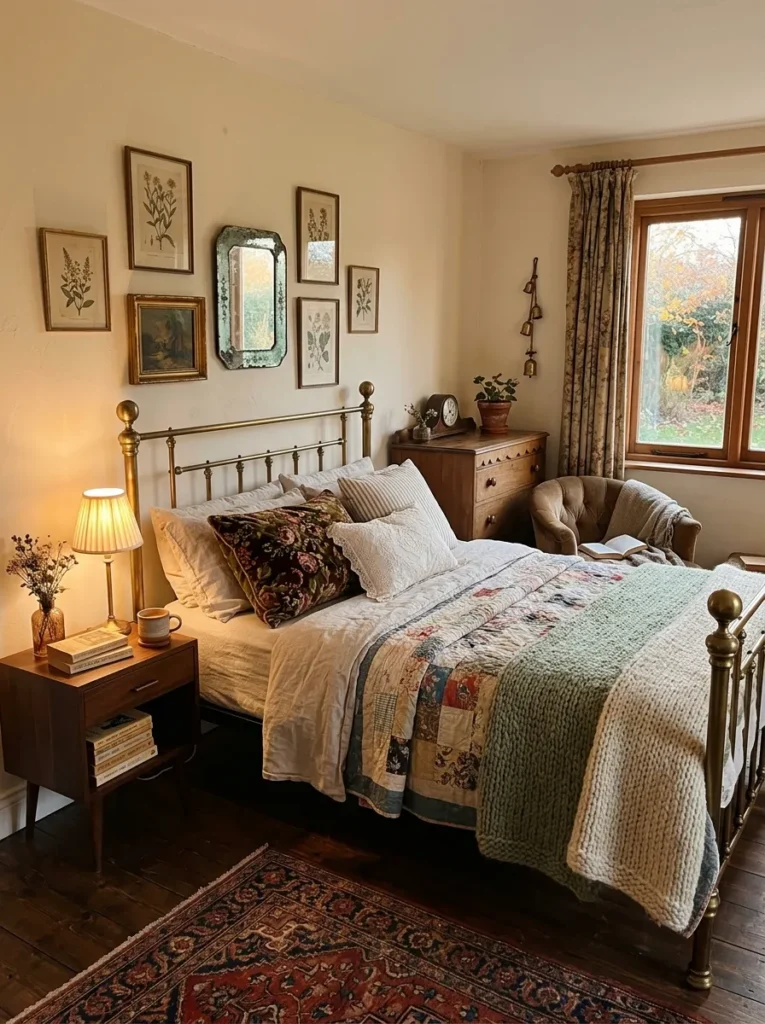 Cozy bedroom featuring vintage decor accents, antique furniture, and collected character-filled styling
