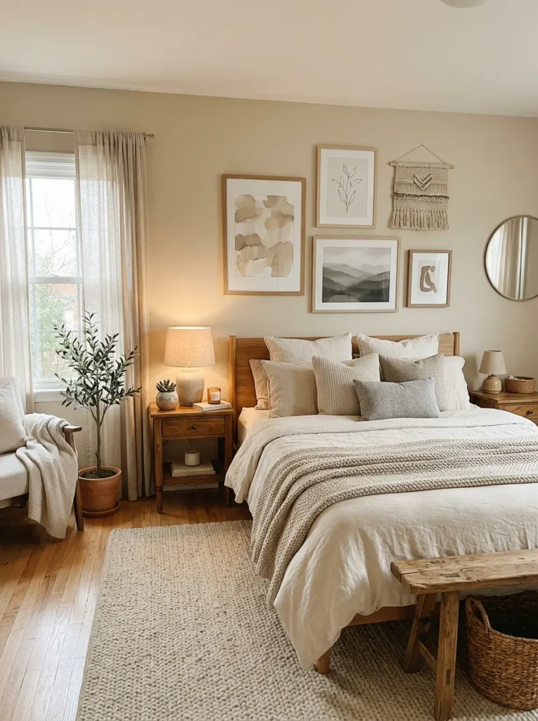 Cozy bedroom with soft neutral wall art and calming decor that enhances the peaceful atmosphere