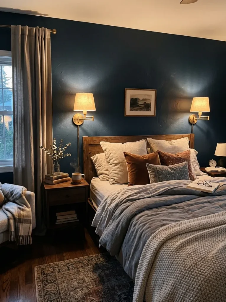 Cozy bedroom featuring bedside wall sconces that provide soft lighting while saving nightstand space