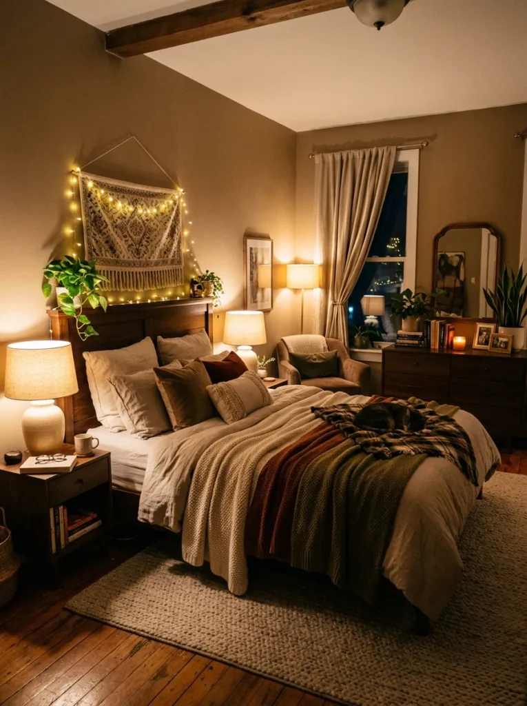 Bedroom with warm ambient lighting, bedside lamps, and soft illumination creating a relaxing cozy environment