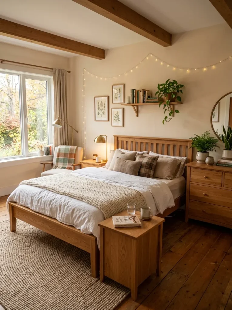 Bedroom styled with warm wood furniture that creates a natural cozy and welcoming atmosphere