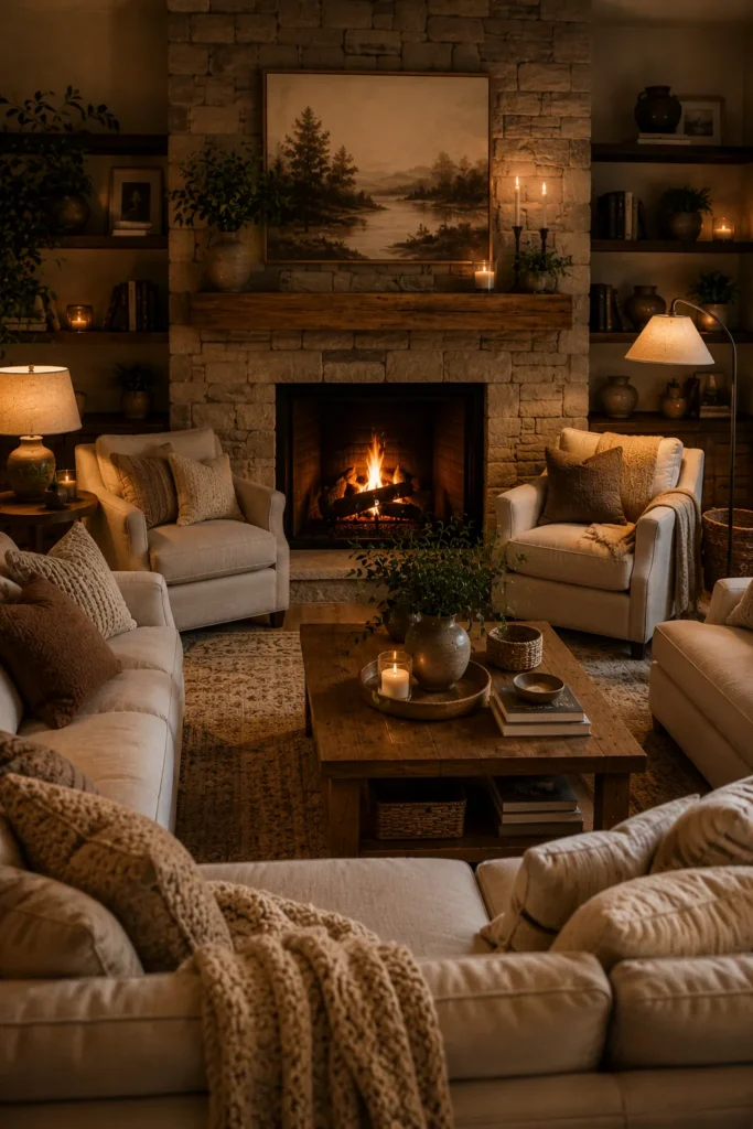 Cozy living room centered around a fireplace with comfortable seating and warm layered styling
