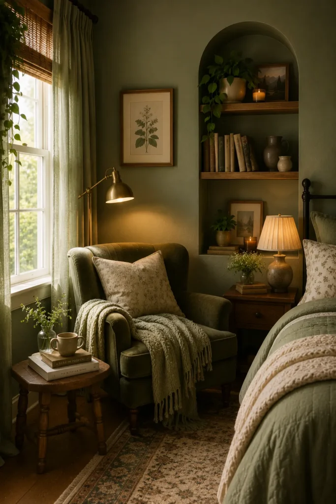 Cozy green bedroom reading nook with a comfortable chair, soft lighting, and relaxing retreat-like atmosphere