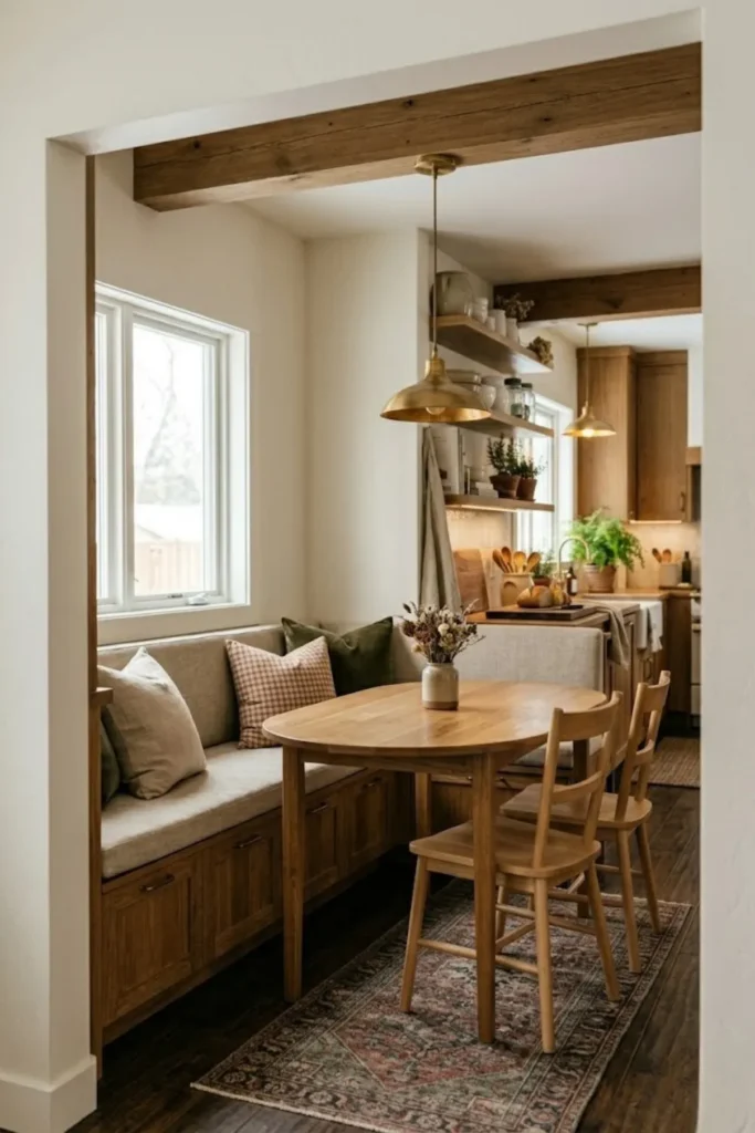 Cozy kitchen seating area with cushioned bench, warm lighting, and inviting gathering space for everyday comfort.