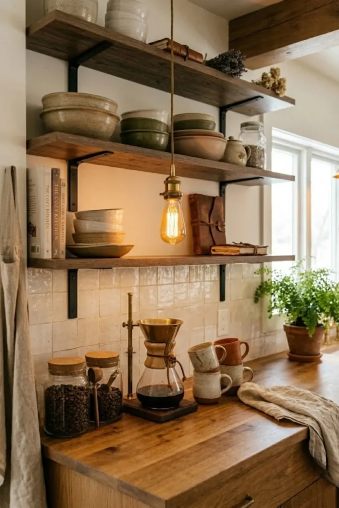 Cozy kitchen coffee station with organized mugs, decorative trays, glass jars, and warm inviting styling.