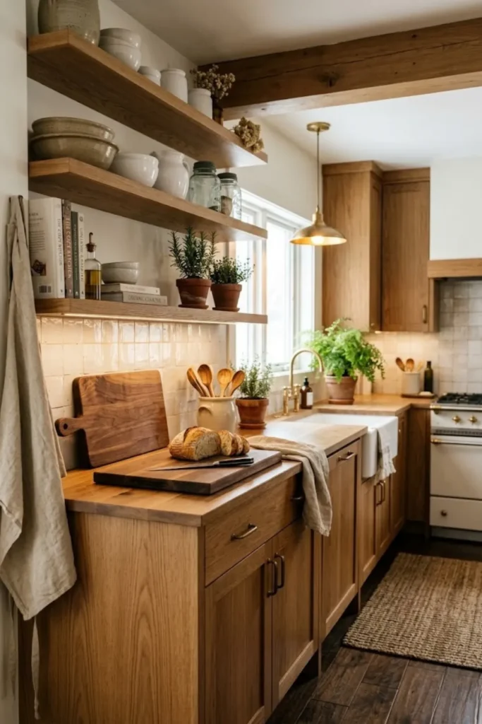 Cozy kitchen with warm wood shelving, oak accents, natural textures, and soft lighting creating a welcoming atmosphere.