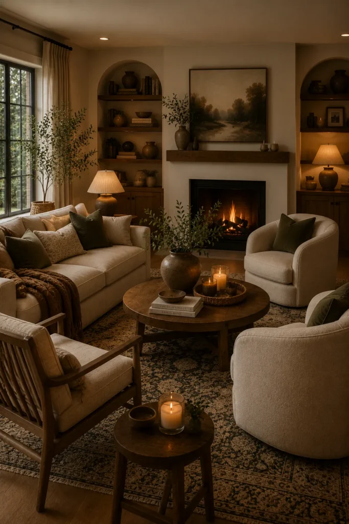 Cozy living room with conversational furniture layout, inward-facing seating, and warm inviting decor