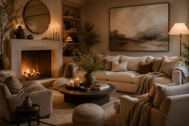 Warm cozy living room with fireplace, soft neutral furniture, layered textures, ambient lighting, and inviting seating arrangement
