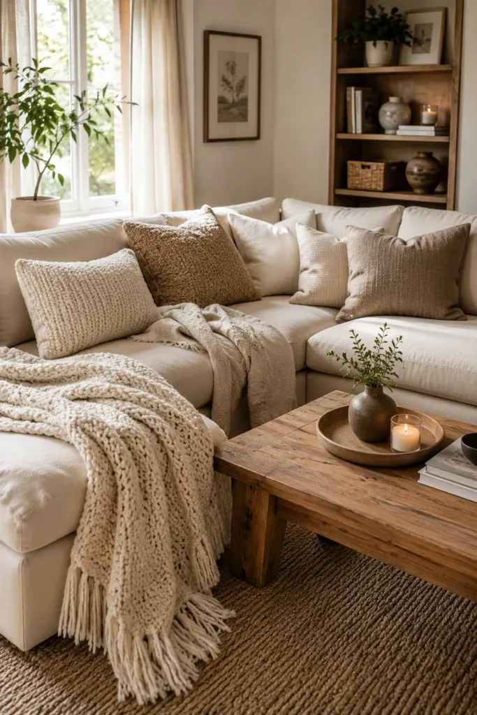 Cozy living room with layered knit throw blankets, textured pillows, and warm neutral Scandinavian decor