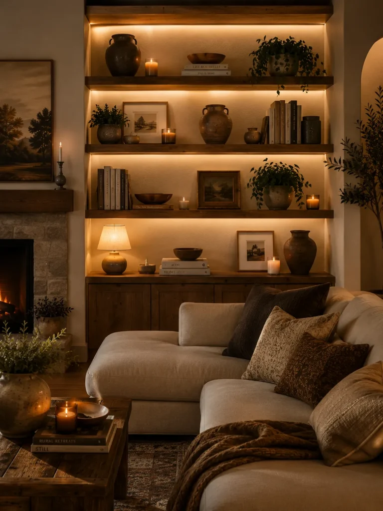 Warm wood open shelves styled with books, candles, ceramics, and cozy living room decor