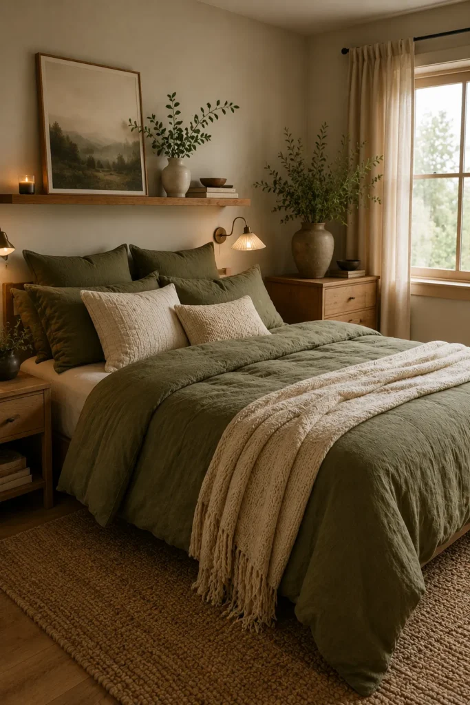 Cozy bedroom with olive green bedding layered with cream textiles and soft lighting for an inviting atmosphere