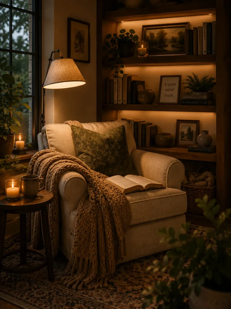 Cozy reading nook with upholstered armchair, soft throw blanket, warm lamp, and bookshelves