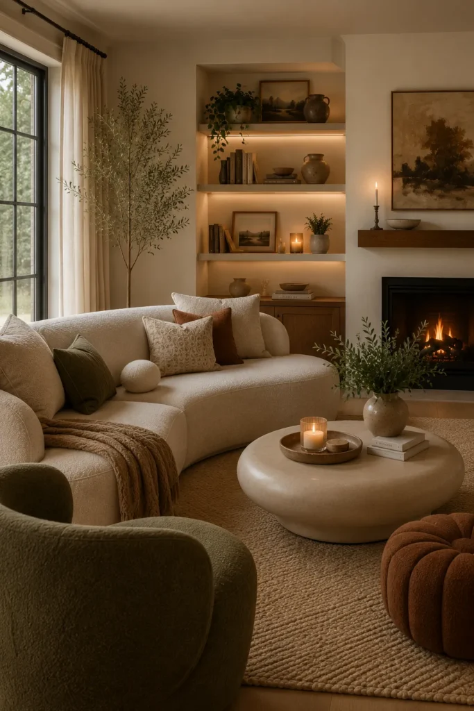 Modern cozy living room featuring a curved sofa, rounded coffee table, and soft organic shapes