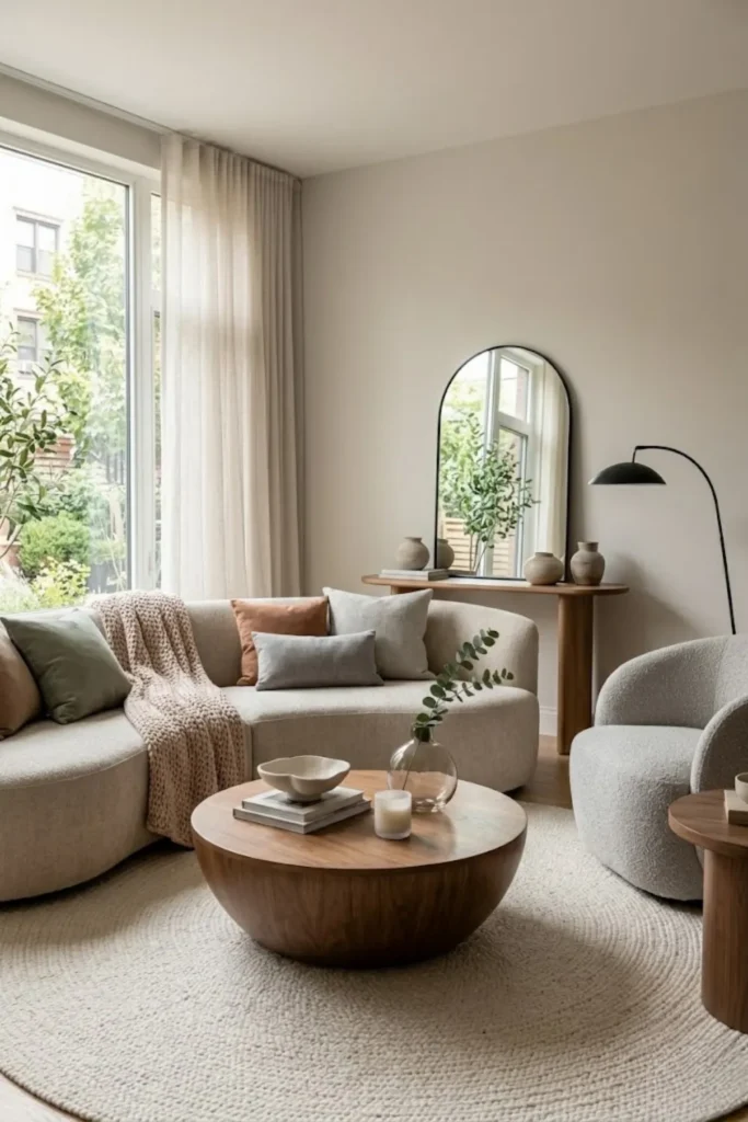 Modern living room with curved sofa, rounded coffee table, and soft contemporary design elements