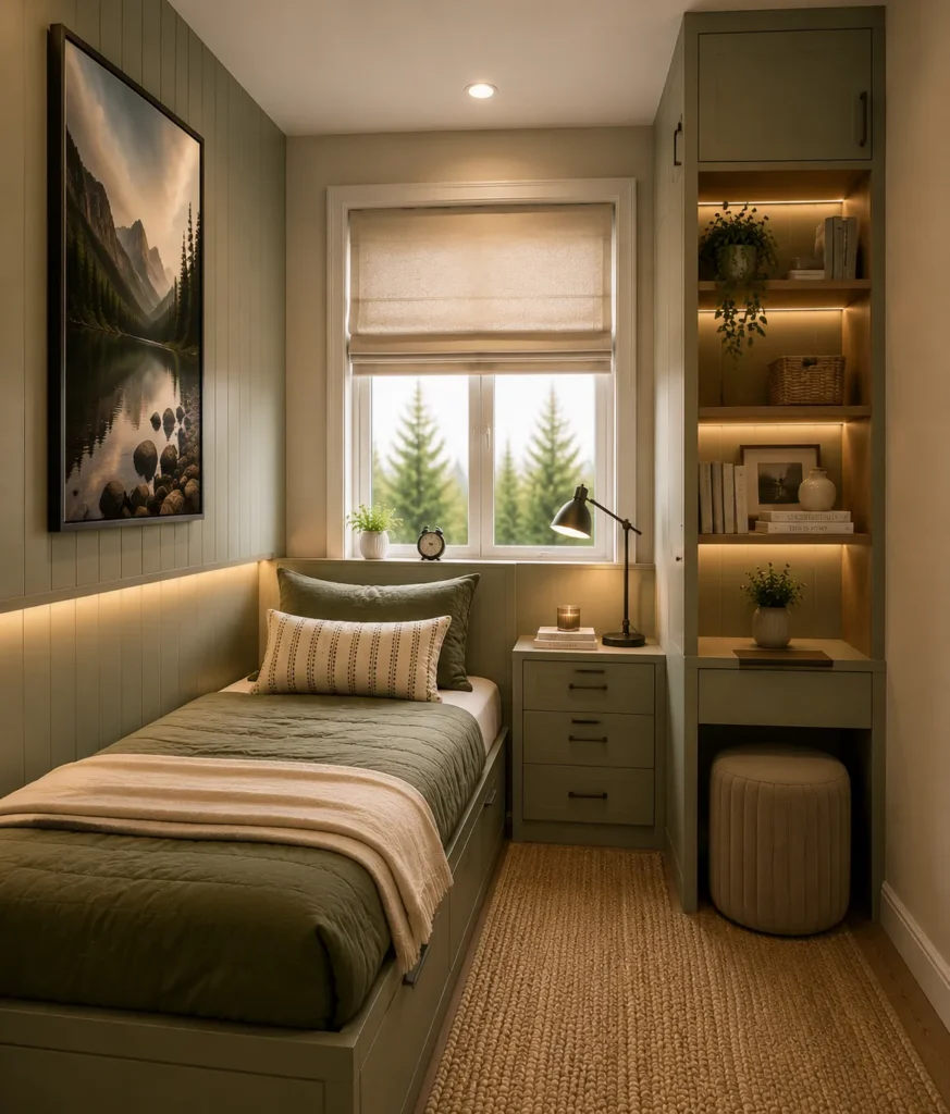 Small box room bedroom with custom built-in furniture including integrated storage desk and wardrobe solutions