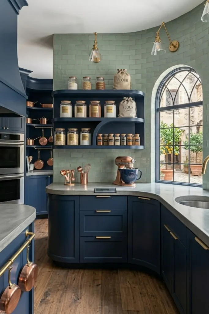 Dedicated pantry baking station with flour, sugar, baking tools, and matching storage containers.