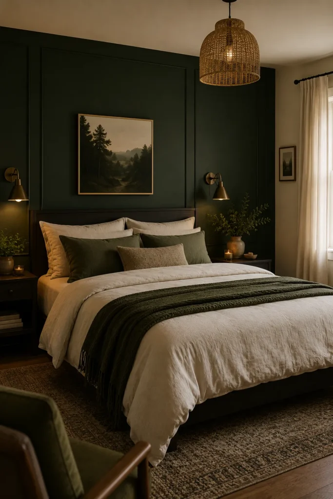 Bedroom featuring a deep forest green accent wall with warm lighting and layered neutral bedding for a cozy modern look