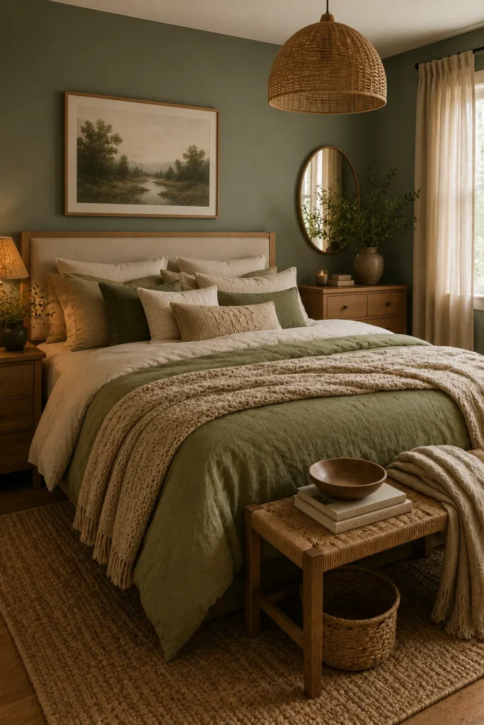 Earthy green and beige bedroom with layered linen textures, warm neutrals, and cozy organic decor
