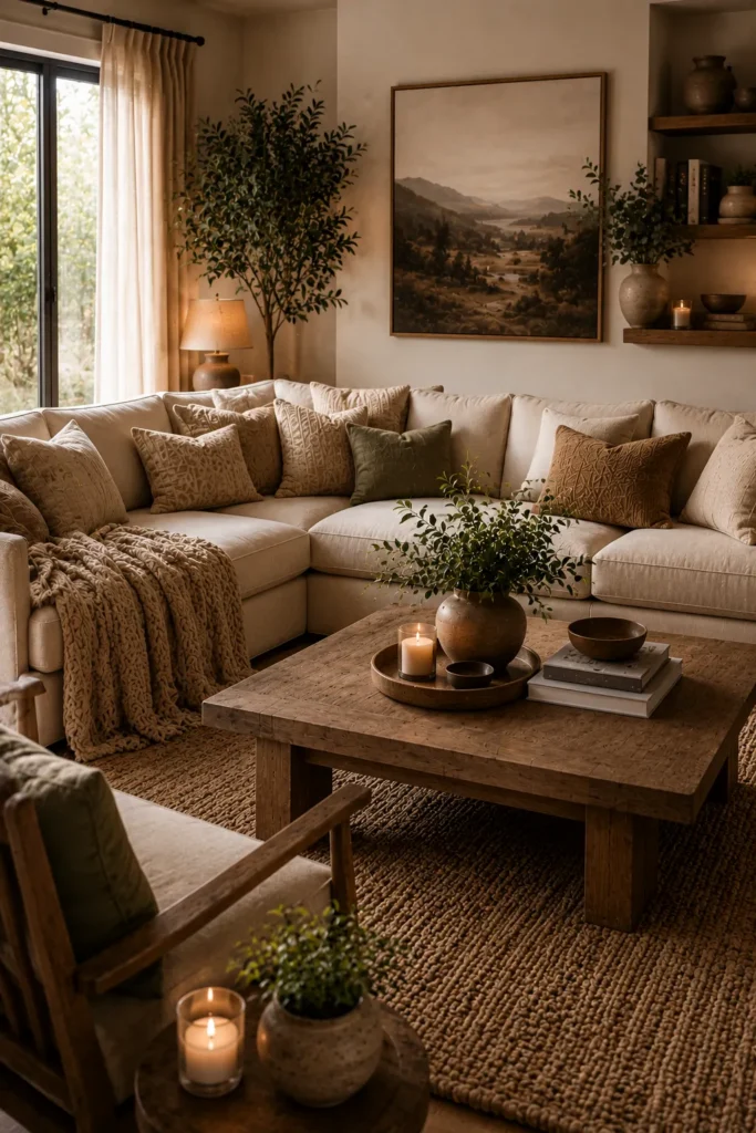 Earthy neutral living room with warm beige tones, organic textures, and cozy modern decor