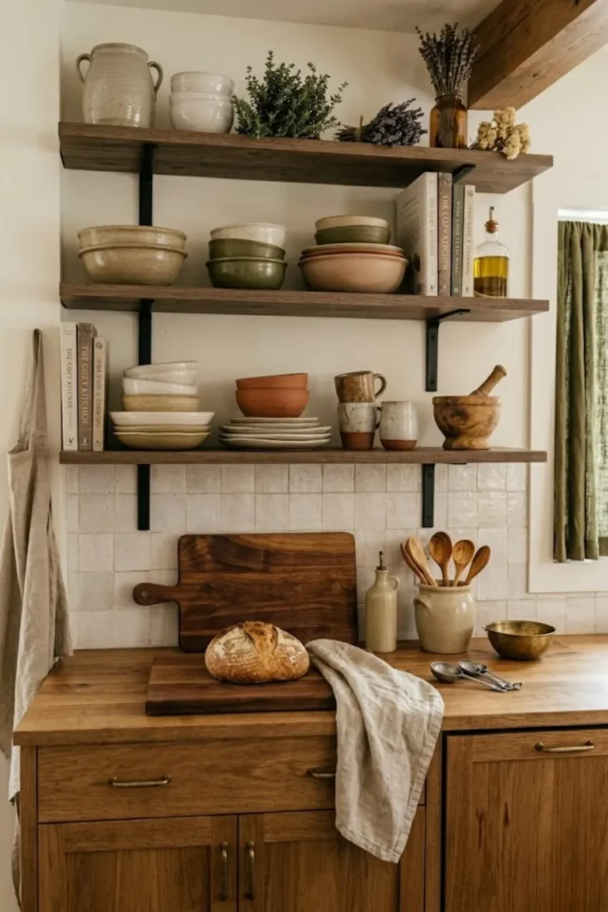Earthy kitchen design with beige cabinetry, warm neutral colors, natural materials, and a calming cozy atmosphere.