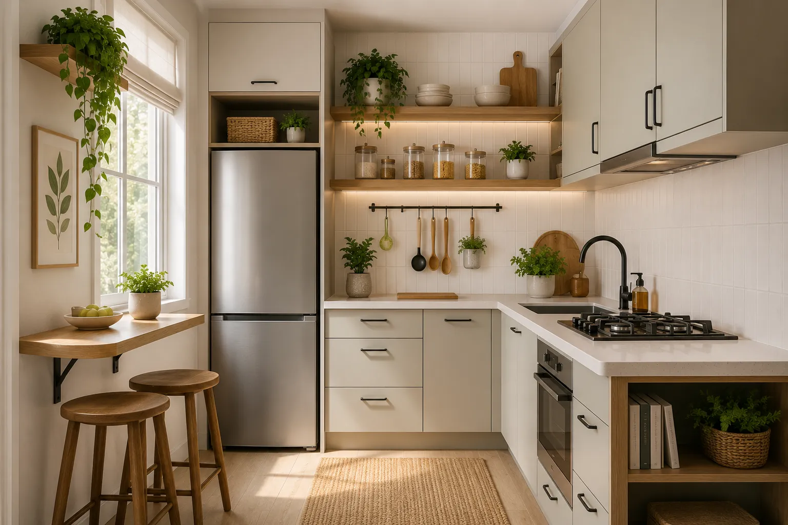 Small kitchen featuring smart space-saving storage solutions, compact layout, multifunction furniture, and stylish organization ideas for maximizing every inch