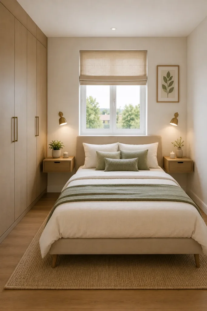 Small box room bedroom with floating nightstands that save floor space and create a clean modern look