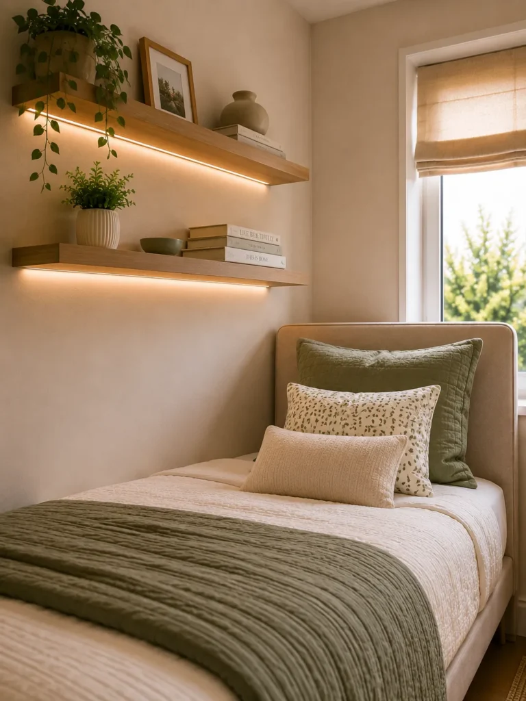 Small box room bedroom with floating shelves adding practical storage without occupying floor space