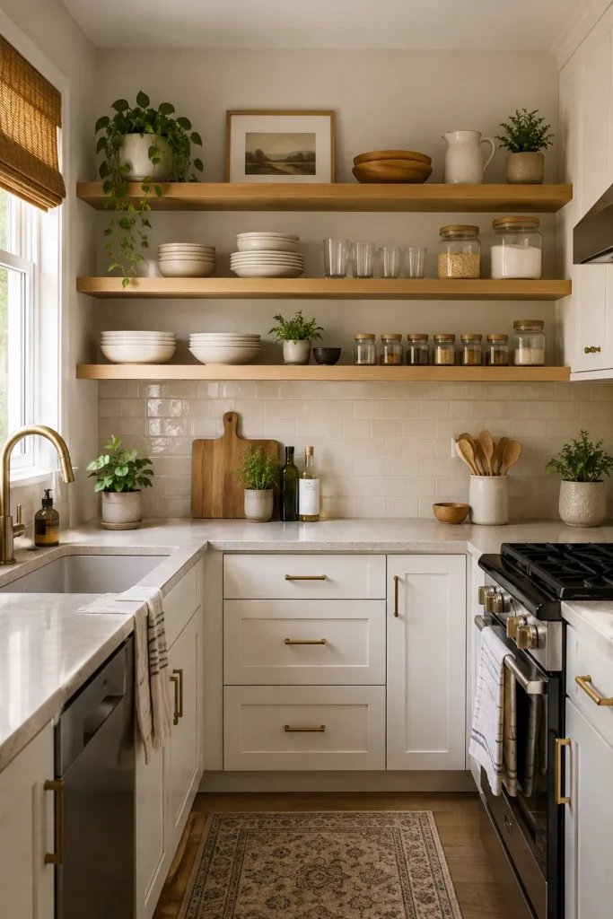 Small kitchen with floating wood shelves providing stylish storage while keeping the space open and airy