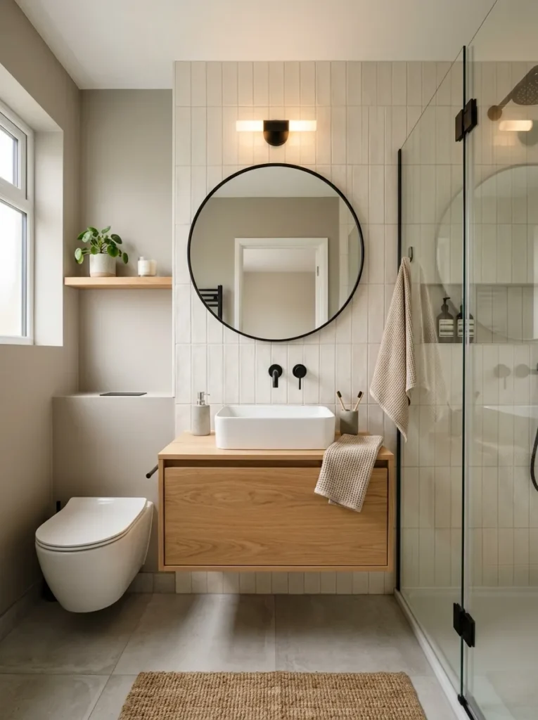 Small bathroom with floating vanity and hidden storage creating a spacious modern look in a compact bathroom