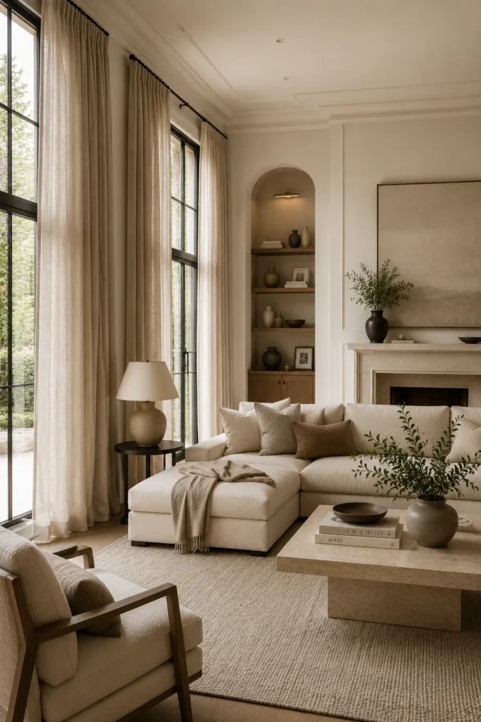 Quiet luxury living room with floor-to-ceiling curtains, soft natural daylight, and elegant neutral interior styling