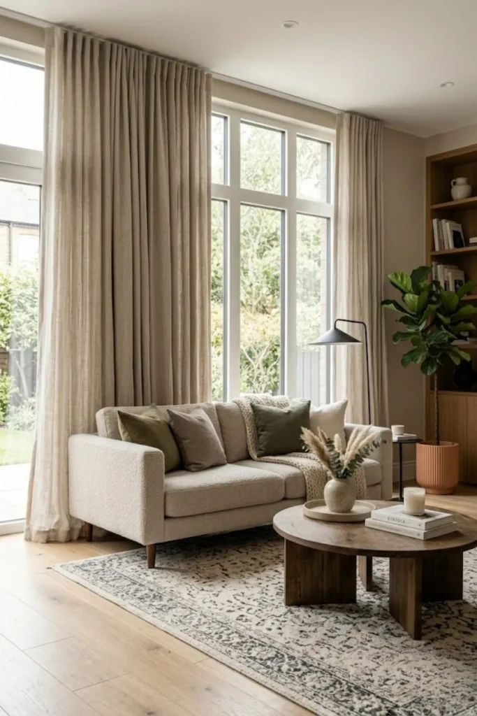 Bright modern living room with floor-to-ceiling neutral curtains and abundant natural light