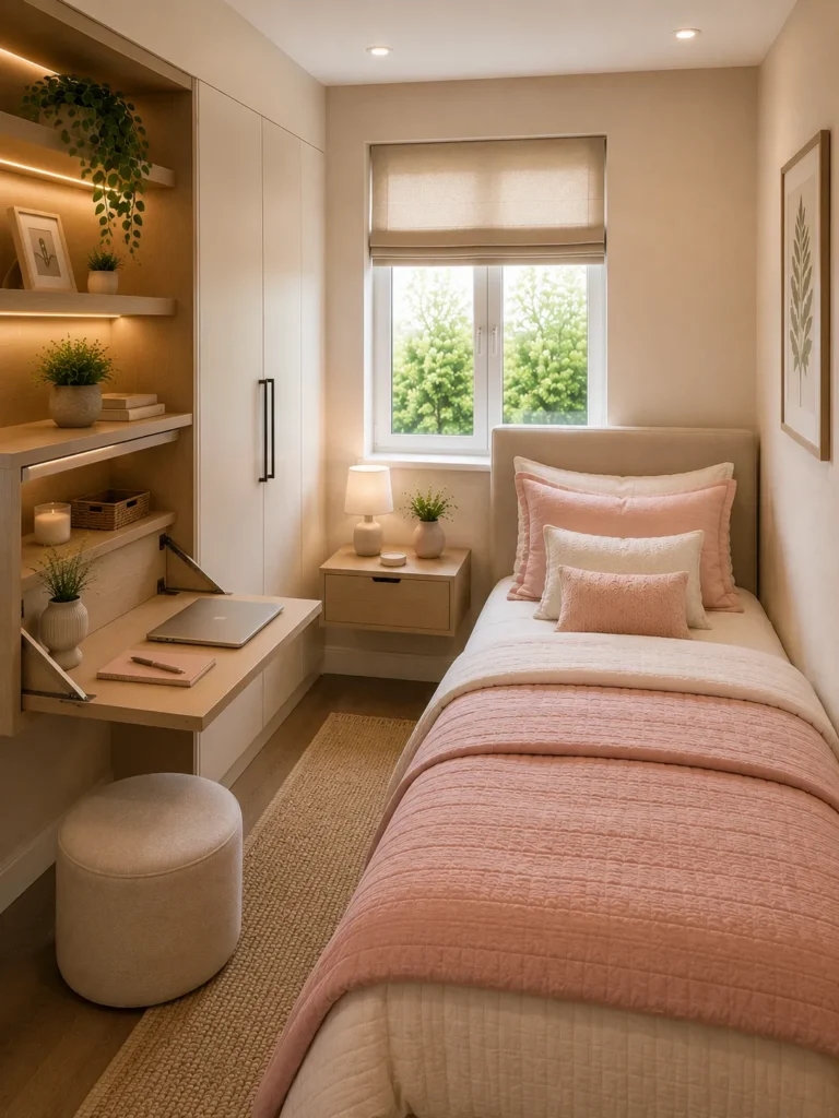 Compact box room bedroom with a foldable desk providing a functional workspace without taking up permanent space