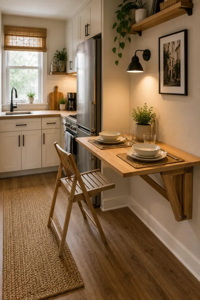 Tiny kitchen with foldable dining table providing flexible dining space while saving valuable floor area