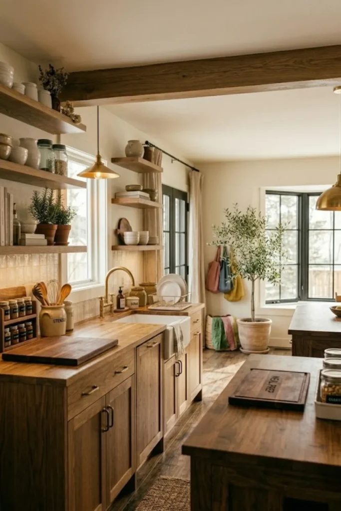 Functional cozy kitchen with organized storage, warm styling, practical layout, and comfortable everyday usability.