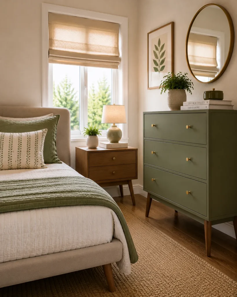 Small box room bedroom with furniture on raised legs creating visual openness and making the room feel larger